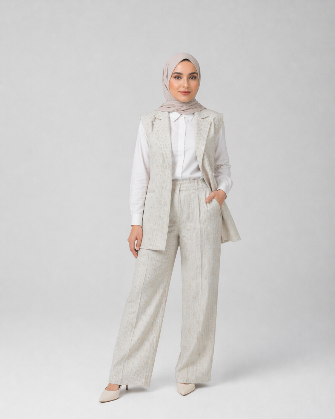 Pinstripe Linen Full Set - White - view 2