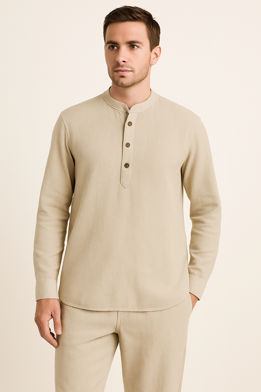 Men's Beige Cotton Blend Henley Shirt